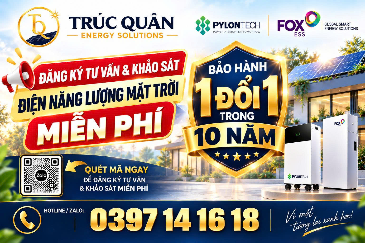 CÔNG TY TNHH DỊCH VỤ TRÚC QUÂN - Tổng Thầu EPC Điện Mặt Trời & Lưu Trữ Fox ESS Pylontech - Bảo Hành 1 Đổi 1 Trong 10 Năm